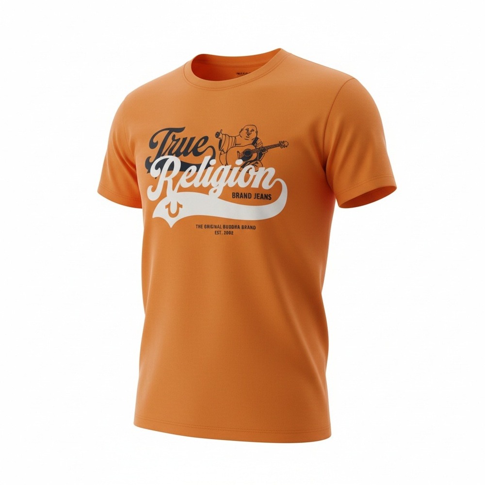 True Religion Mens Orange Buddha Guitar Graphic‎ T Shirt Medium Style 700042